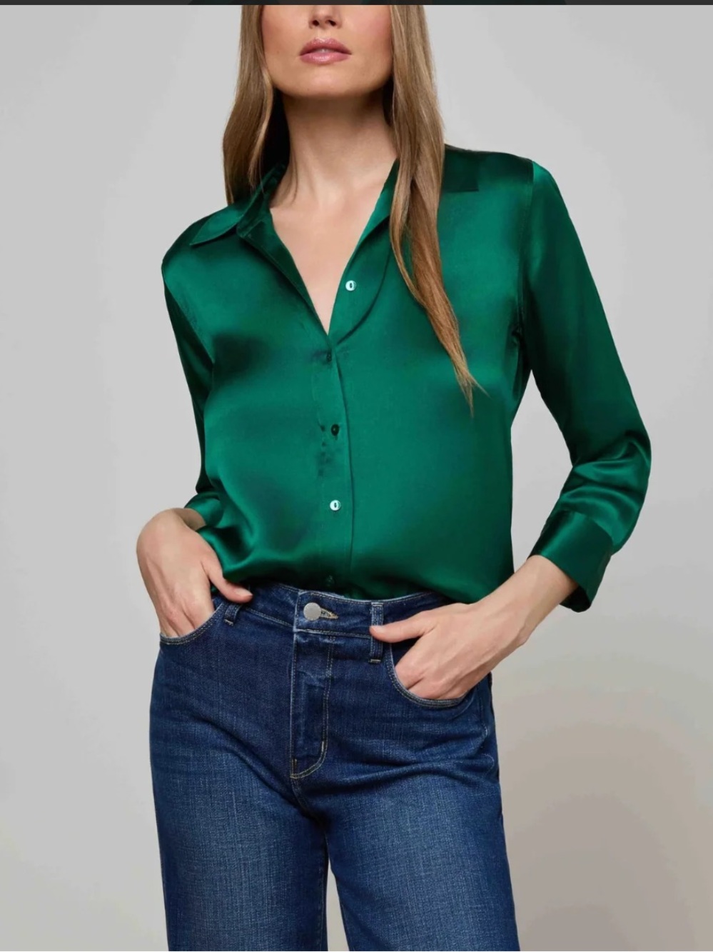 L'Agence Dani Silk Charmeuse Button Down Blouse | Bottle Green | XS